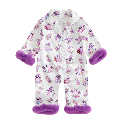Toddler Halloween Pajamas Baby Girl Pajamas Ghost Print Feather Trim Sleeve Jumpsuit Romper Satin Nightgown Pjs Sleepwear