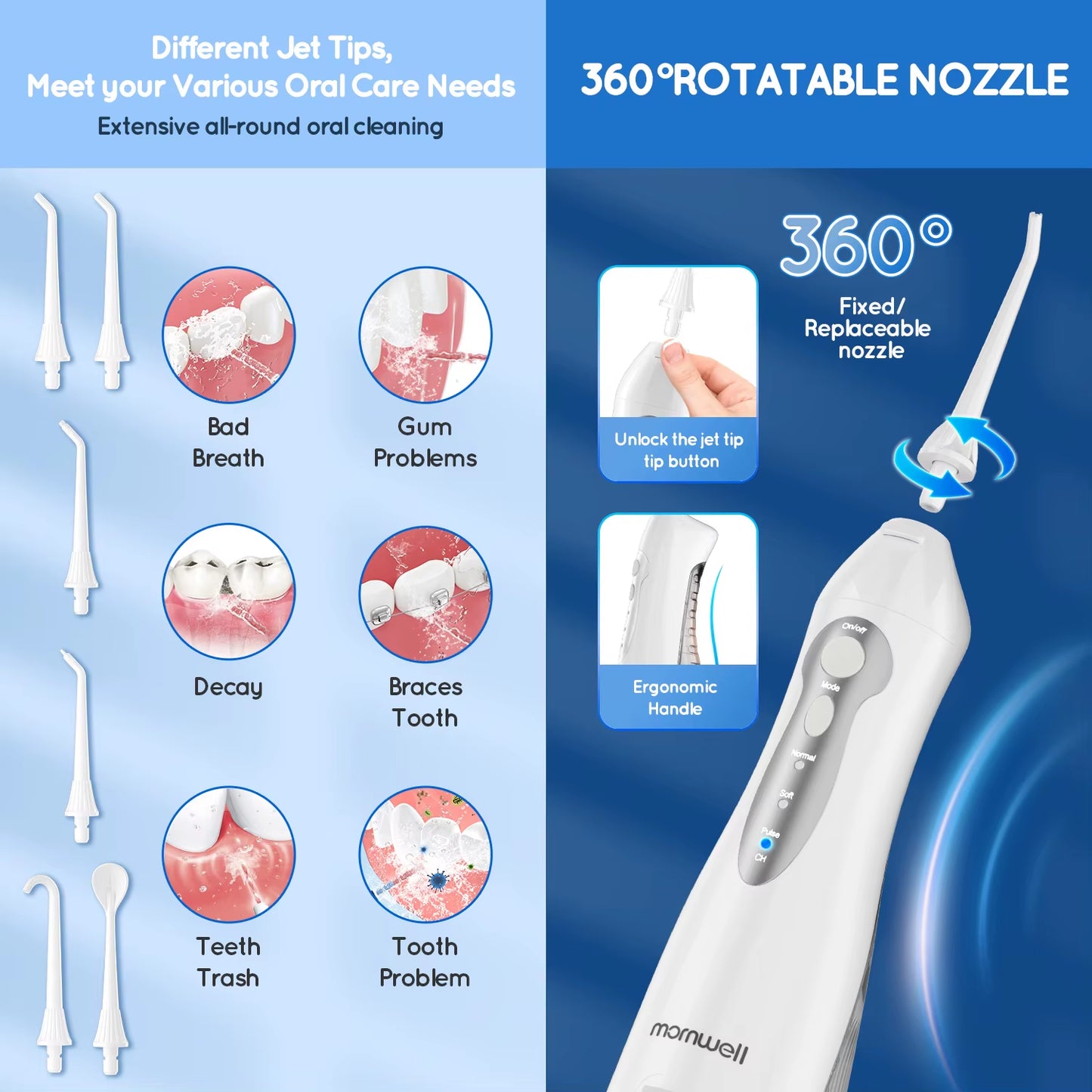 Water Flosser Teeth Picks 6 Jets 3 Modes Portable Cordless D52 Water Floss for Teeth Cleaner IPX7 Waterproof Oral Picks
