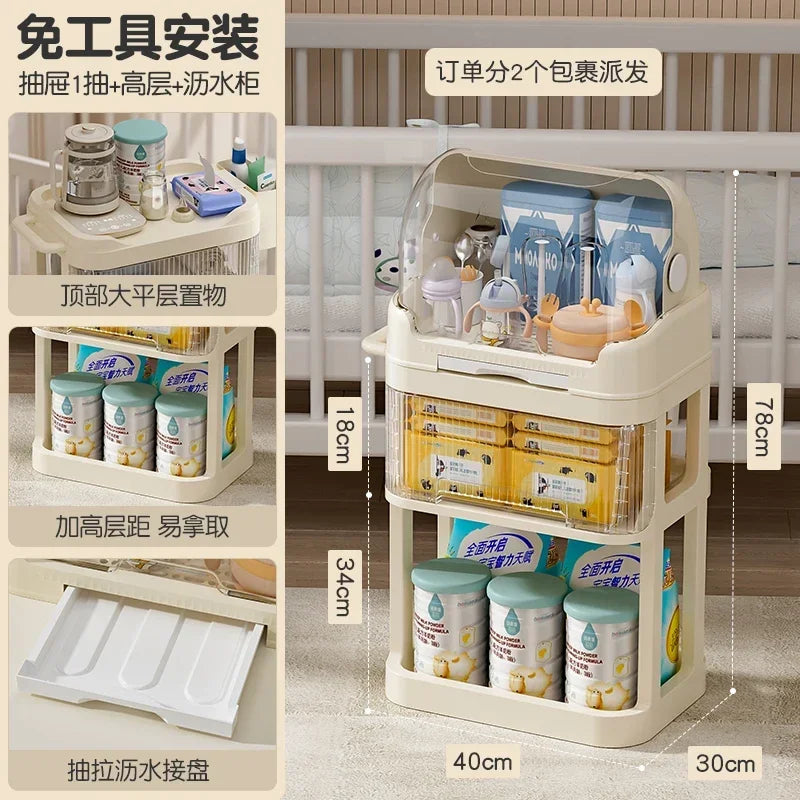 Baby Product Storage Rackmobile Stroller Organizerbottle and Tableware Drainage Boxdustproof Storage Cabinet for Baby Essentials