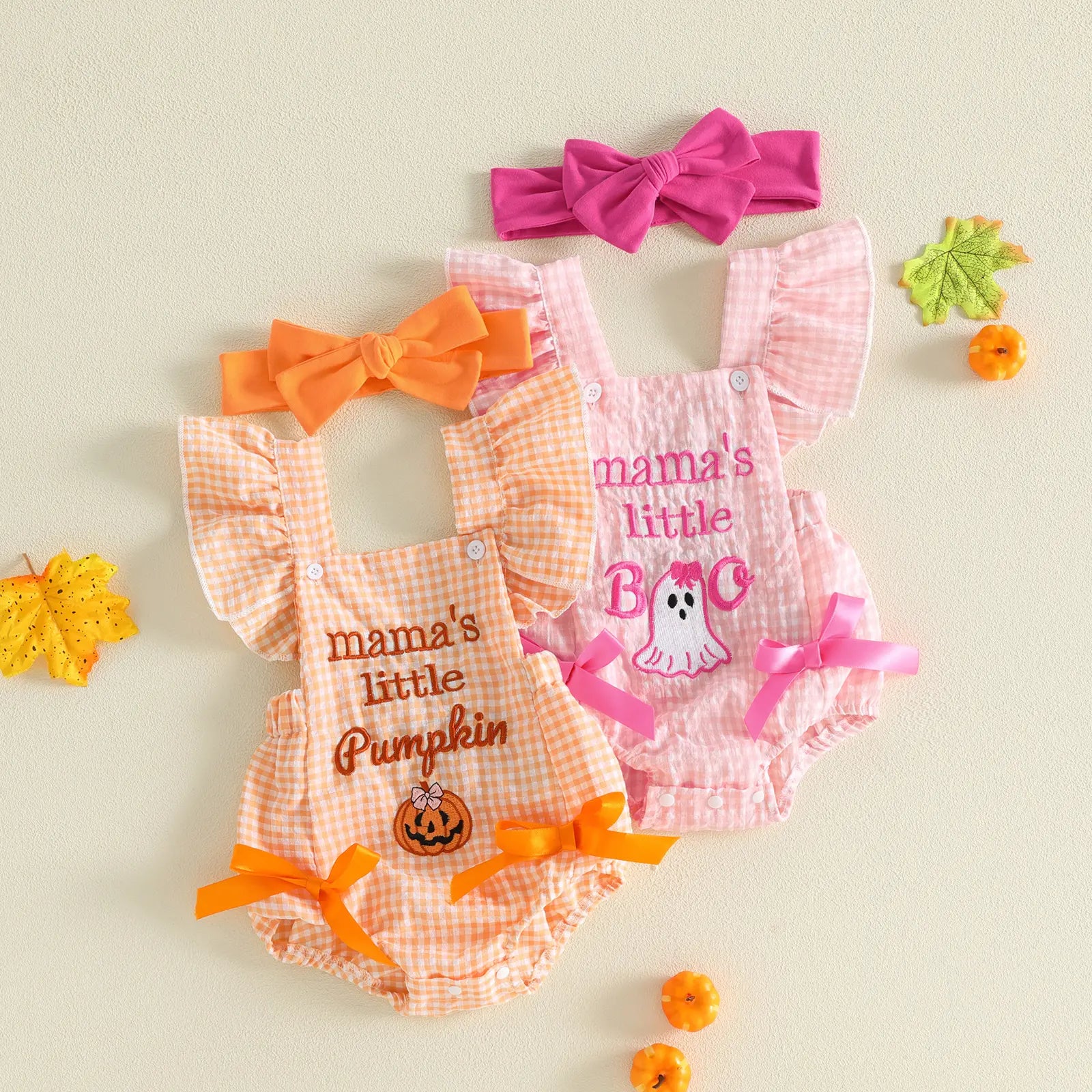 PYBCVRRD Polyester Newborn Baby Girl Halloween Bodysuit - 0-3 Months Plaid+Embroidery, Pumpkin Ghost Design, Flying Sleeves Jumpsuit with Bow Headband