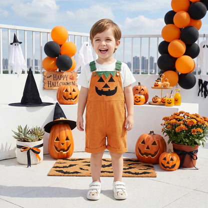 Toddler Corduroy Overalls with Suspenders, Pockets, 2 Ghost/Pumpkin Motifs - Soft Thick Wale, Boy Jumpsuit for Family Gathering, Kindergarten Party Costume