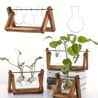 Tabletop Glass Planter Propagation Station Hydroponic Plant Vases in Wooden Rack Terrarium for Plants for Home Decor Room Decora