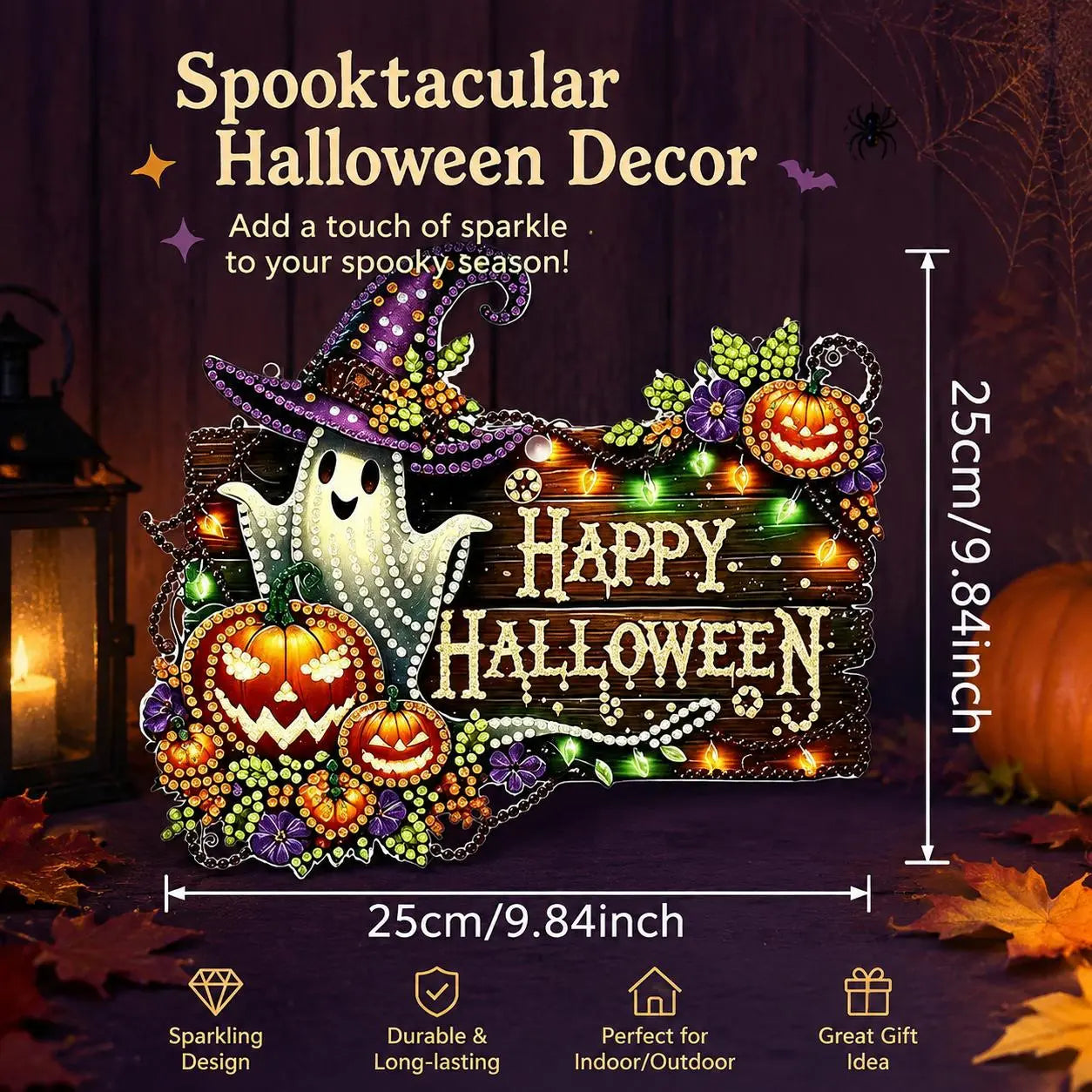 9.8In Shiny Halloween Diamond Art Kits Hanging Suncatcher Set, Witch-Black Cat-Ghost Reading-Pumpkin Designs, Acrylic DIY Rhinestone Ornament, Window Wall Decoration Gift for Kids