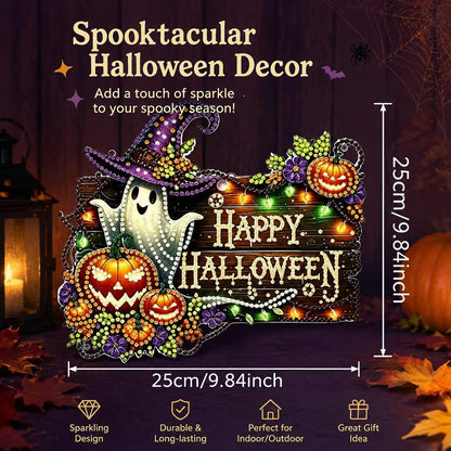 9.8In Shiny Halloween Diamond Art Kits Hanging Suncatcher Set, Witch-Black Cat-Ghost Reading-Pumpkin Designs, Acrylic DIY Rhinestone Ornament, Window Wall Decoration Gift for Kids