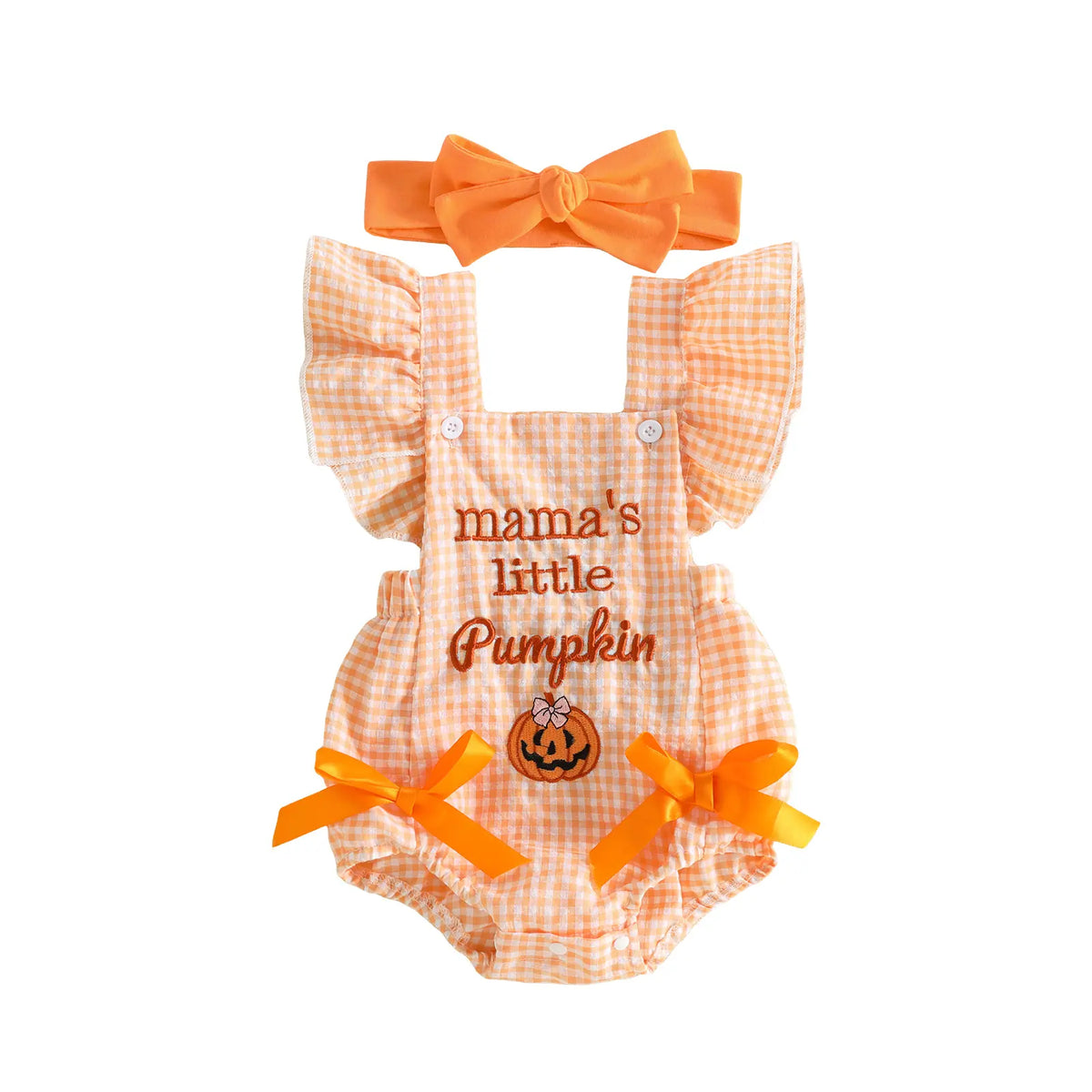PYBCVRRD Polyester Newborn Baby Girl Halloween Bodysuit - 0-3 Months Plaid+Embroidery, Pumpkin Ghost Design, Flying Sleeves Jumpsuit with Bow Headband