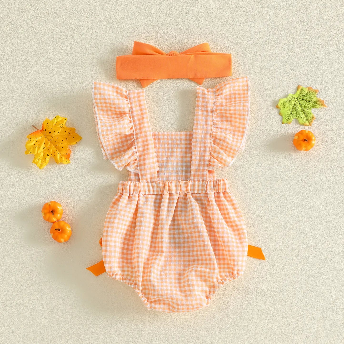 PYBCVRRD Polyester Newborn Baby Girl Halloween Bodysuit - 0-3 Months Plaid+Embroidery, Pumpkin Ghost Design, Flying Sleeves Jumpsuit with Bow Headband