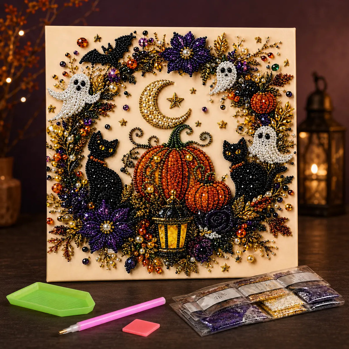 Halloween Diamond Painting Kits with Frame for Adults & Teens, 5D DIY Diamond Art Craft Kit with Full Drill Canvas and Tools, Pumpkin Ghost Witch Cat Halloween Wall Decor, Beginner-Friendly Gift, 8 X 8 Inch