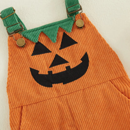 Toddler Corduroy Overalls with Suspenders, Pockets, 2 Ghost/Pumpkin Motifs - Soft Thick Wale, Boy Jumpsuit for Family Gathering, Kindergarten Party Costume