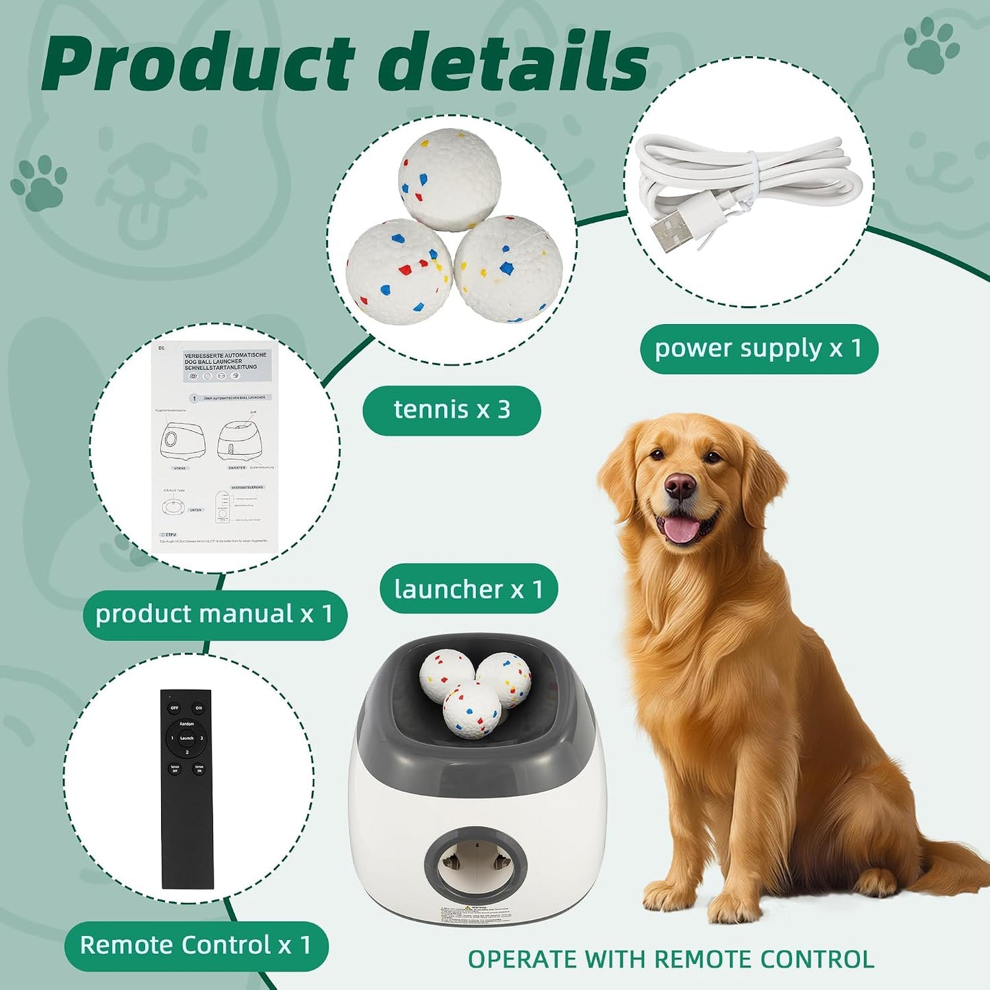 Dog Ball Thrower Launcher, Automatic Ball Launcher for Large Dogs, Interactive Dog Toy with Three Ranges, Includes 3 ETPU Balls and a Data Line, Suitable for Large Dogs, Gray/White