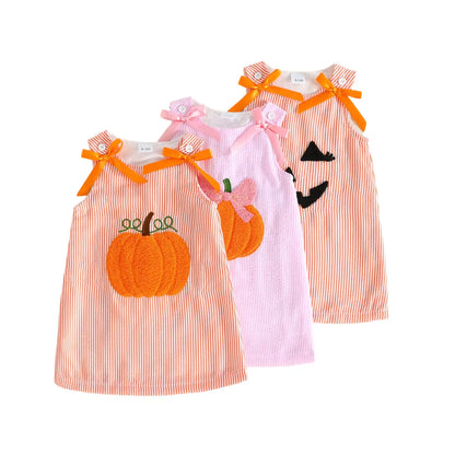 Toddler Baby Little Girl Halloween Dress with Bows Striped Pumpkin Sleeveless Dress Fall 6M-4T