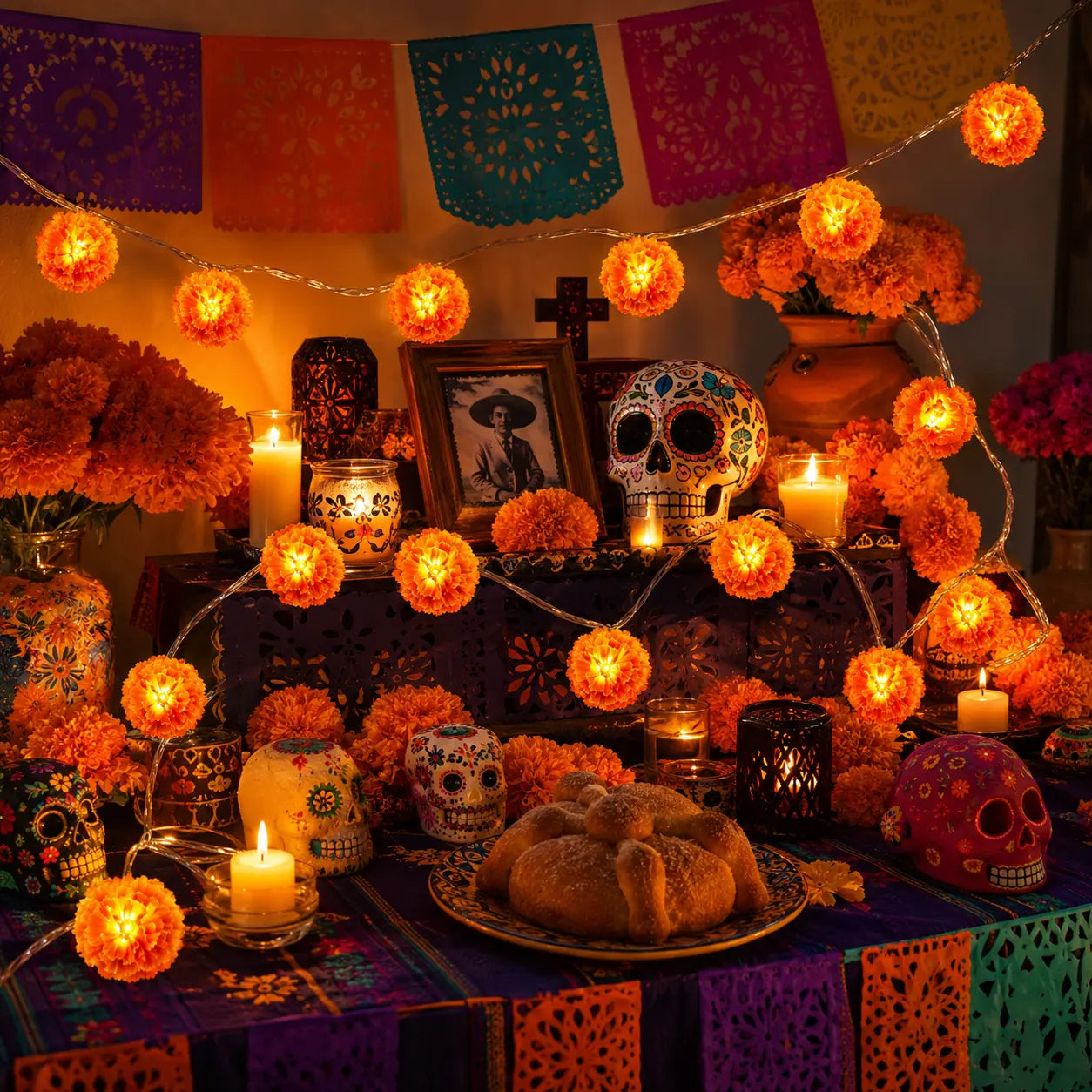3M Battery-Powered Mexican Marigold LED String Lights, 20 Flashing Orange Cempasuchil Garland, Great for Day of the Dead Altars, Fall Decor for Home, Porch & Table Decor