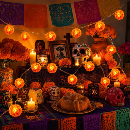 3M Battery-Powered Mexican Marigold LED String Lights, 20 Flashing Orange Cempasuchil Garland, Great for Day of the Dead Altars, Fall Decor for Home, Porch & Table Decor