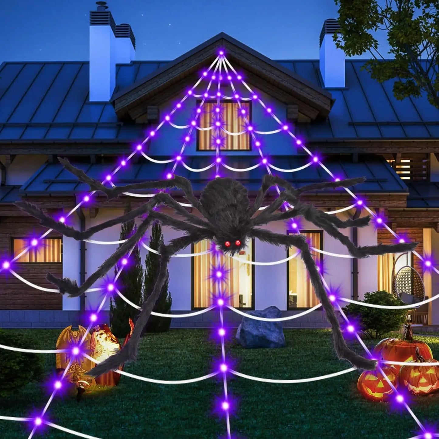 Glowing Spider Web Lights - Purple, Orange LED with Timer Function, Halloween Aesthetic Spooky Lights for Outdoor Decor, Yard, Lawn, Porch, Garden Indoor Setup