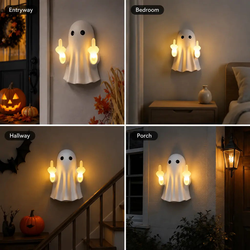 Ghost Wall Light, Cute Ghost Night Light with Middle Finger Gesture, Funny LED Wall Lamp for Bedroom Halloween Decor Home Office Gift