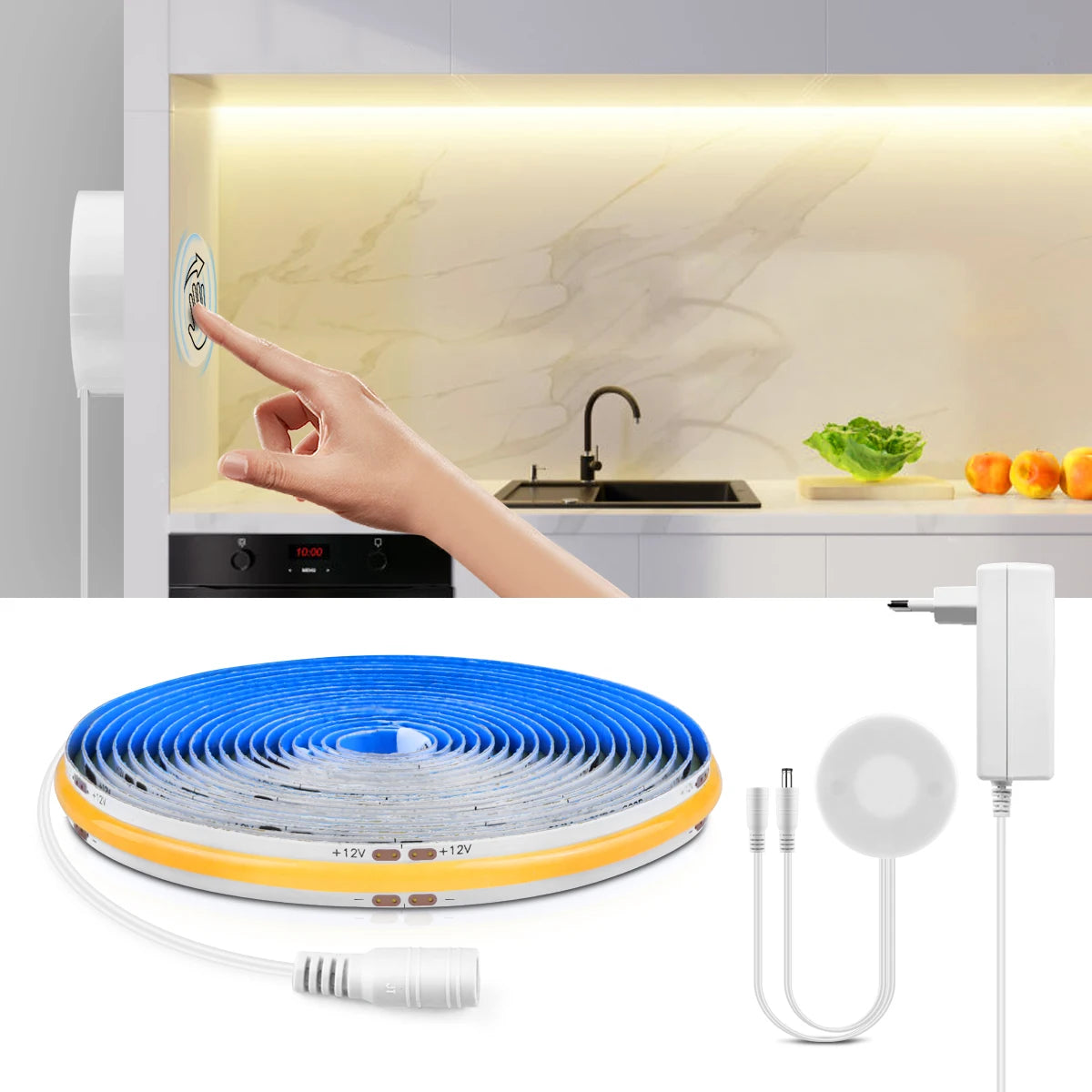DC12V COB LED Light Strip with Dimmable Penetrable Wood Mirror Acrylic Wireless Touch Sensor Switch for Kichen Cabinet Decor