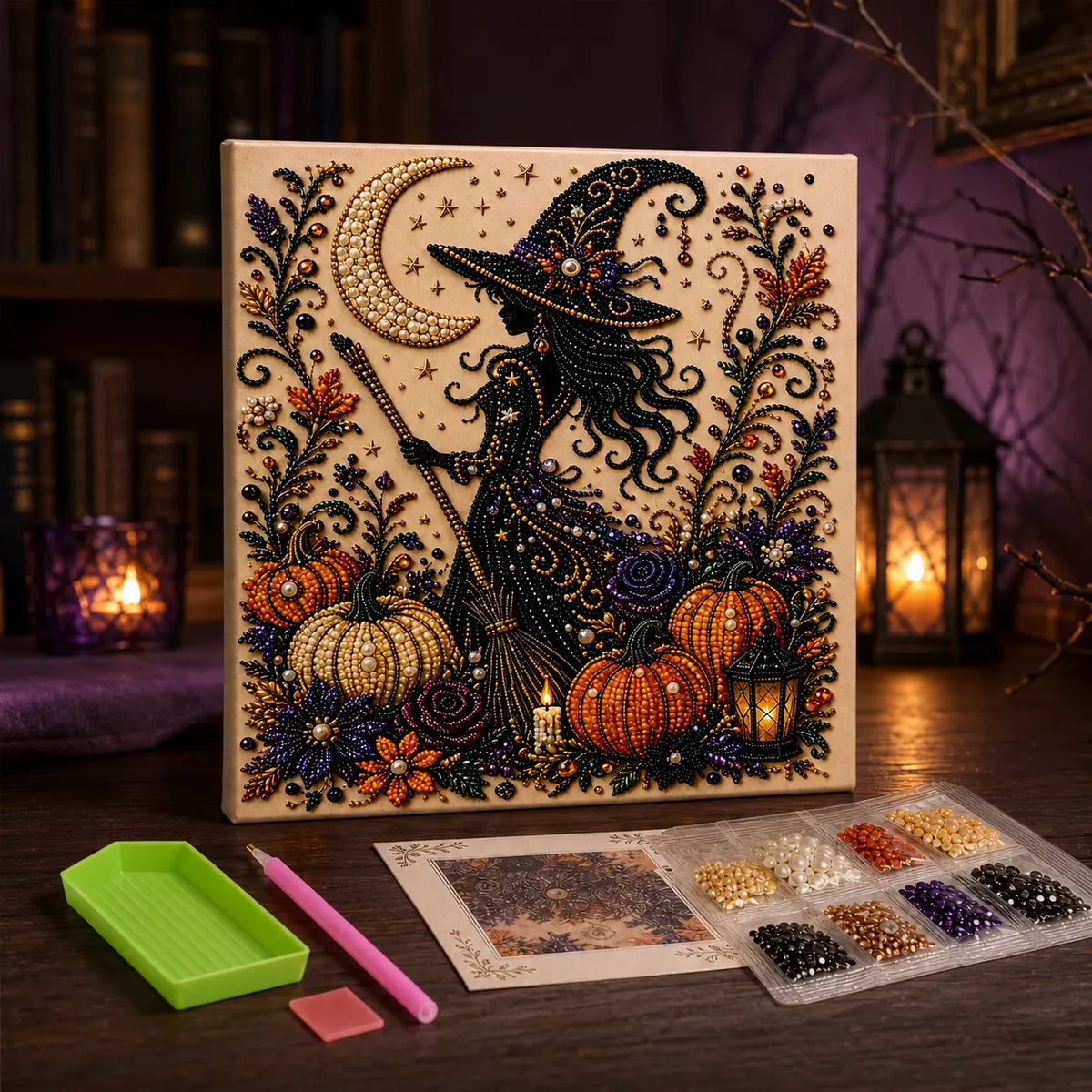 Halloween Diamond Painting Kits with Frame for Adults & Teens, 5D DIY Diamond Art Craft Kit with Full Drill Canvas and Tools, Pumpkin Ghost Witch Cat Halloween Wall Decor, Beginner-Friendly Gift, 8 X 8 Inch