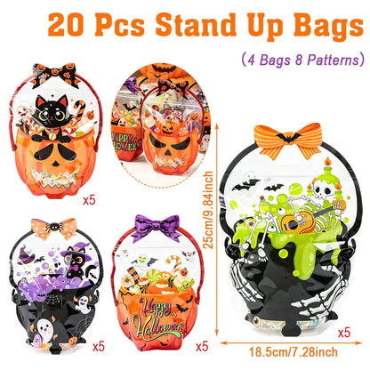 20 Pcs Halloween Gift Bags, Plastic Candy Bags, Trick or Treat Bags with Handle,Featuring Cauldron and Pumpkin Designs. Ideal for Students, Teachers, and Neighbors, Perfect for Storing Classroom Snacks and as Party Favors at Halloween Birthday Parties