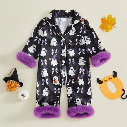 Toddler Halloween Pajamas Baby Girl Pajamas Ghost Print Feather Trim Sleeve Jumpsuit Romper Satin Nightgown Pjs Sleepwear