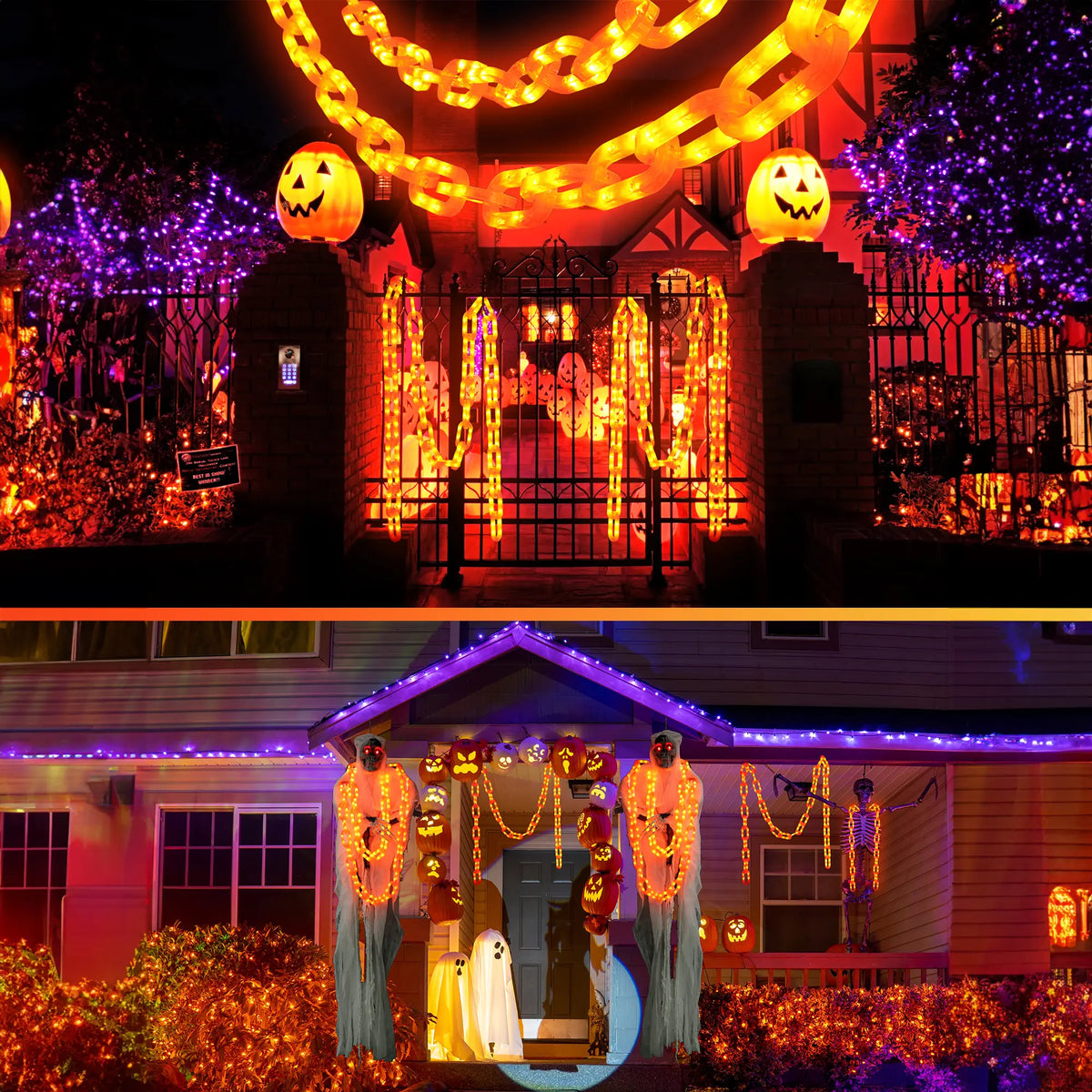 Flacchi Outdoor Halloween Chain Lights (Solar/Battery) 160 Leds. Waterproof Plastic, 8 Lighting Modes. Perfect Spooky Hanging Decor for Halloween Parties, Bushes, Fences, and Patios. Orange/Purple