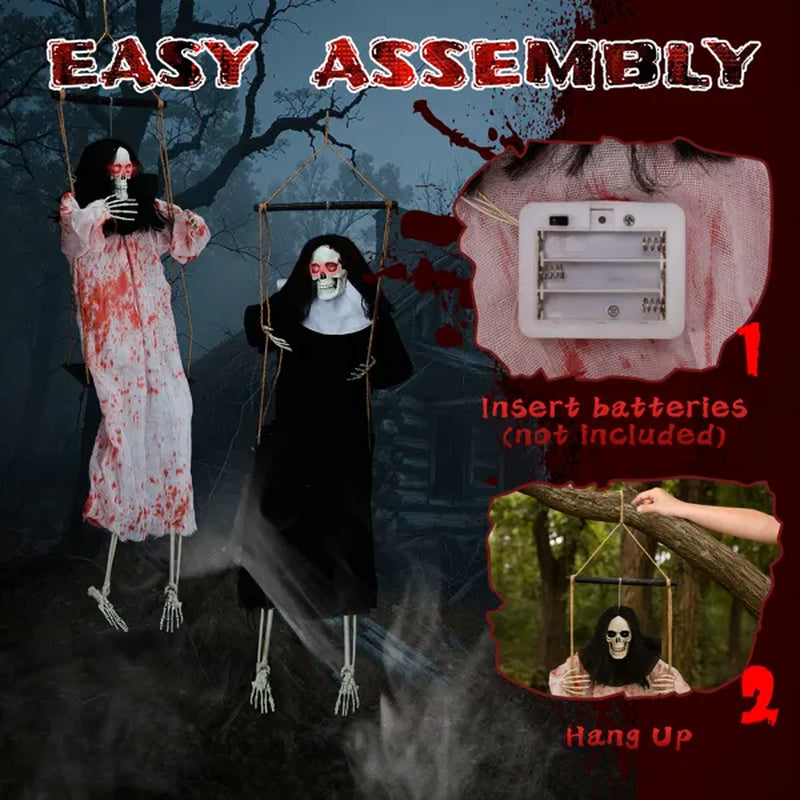 Outdoor Halloween Decorations 2 Packs Hanging Ghosts Decor with Lighted up Eyes and Horror Scream, 3Ft Scary Grim Reaper Swinging Ghost Flying for Yard Patio Lawn Garden