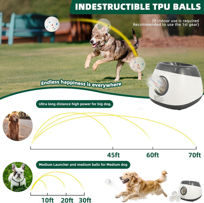 Dog Ball Thrower Launcher, Automatic Ball Launcher for Large Dogs, Interactive Dog Toy with Three Ranges, Includes 3 ETPU Balls and a Data Line, Suitable for Large Dogs, Gray/White