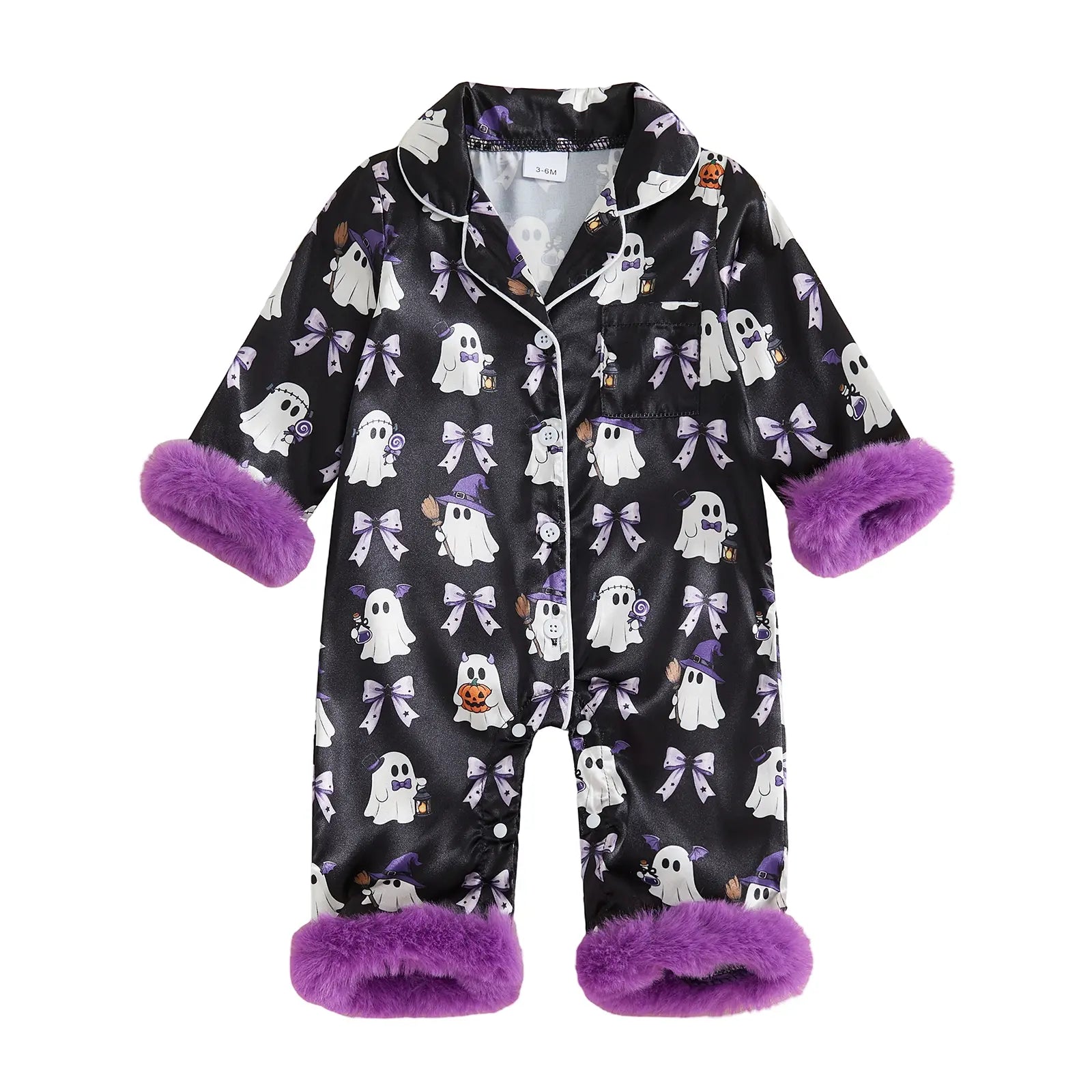 Toddler Halloween Pajamas Baby Girl Pajamas Ghost Print Feather Trim Sleeve Jumpsuit Romper Satin Nightgown Pjs Sleepwear