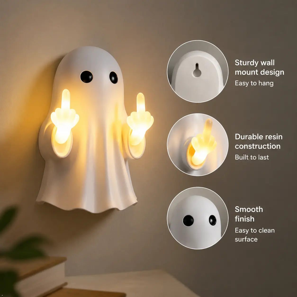 Ghost Wall Light, Cute Ghost Night Light with Middle Finger Gesture, Funny LED Wall Lamp for Bedroom Halloween Decor Home Office Gift