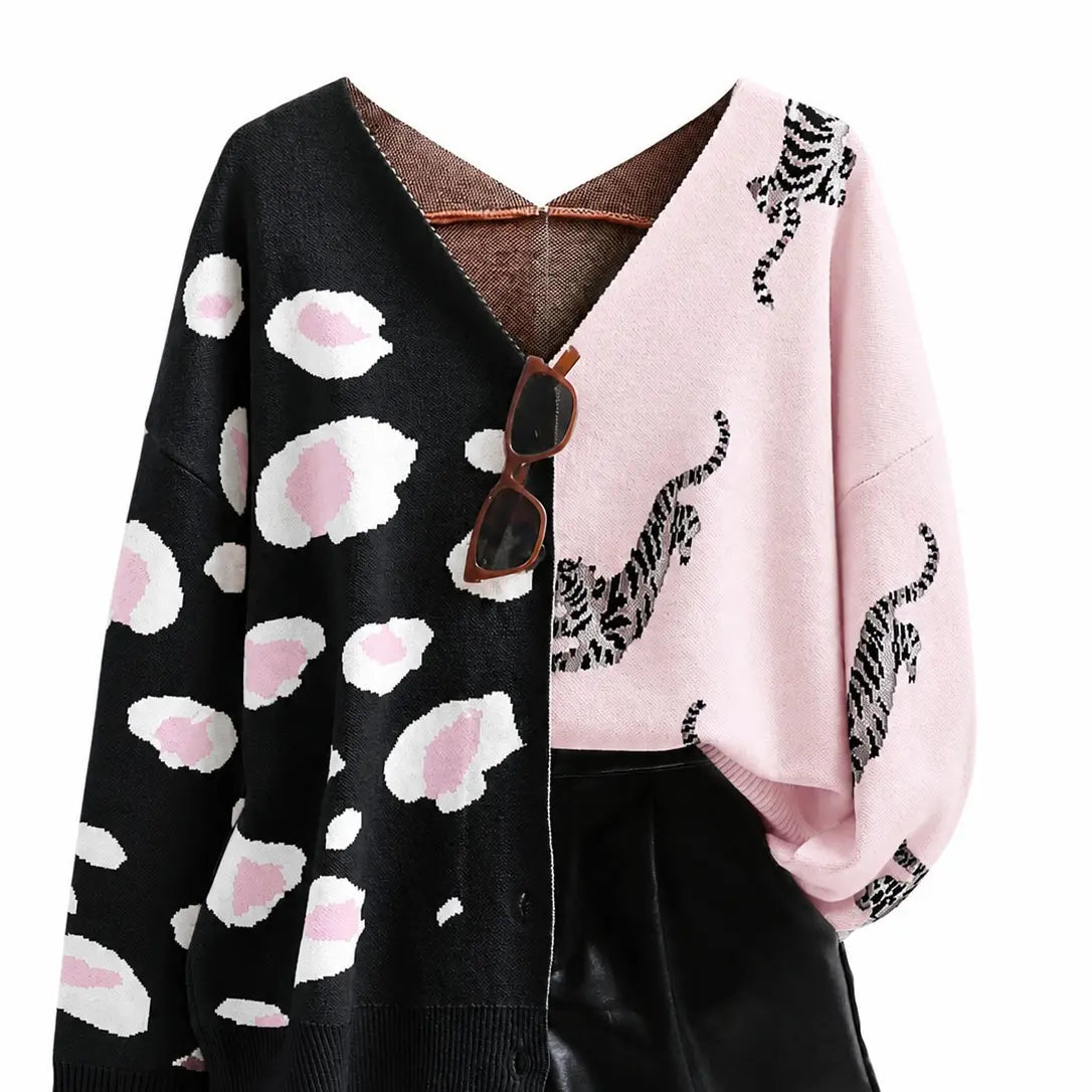Women'S Oversized V-Neck Chunky Knit Long-Sleeve Basic Cardigan - Drop Shoulder, Button Front, Color-Block Animal Print, Soft Loose Work & Cozy Recovery Loungewear
