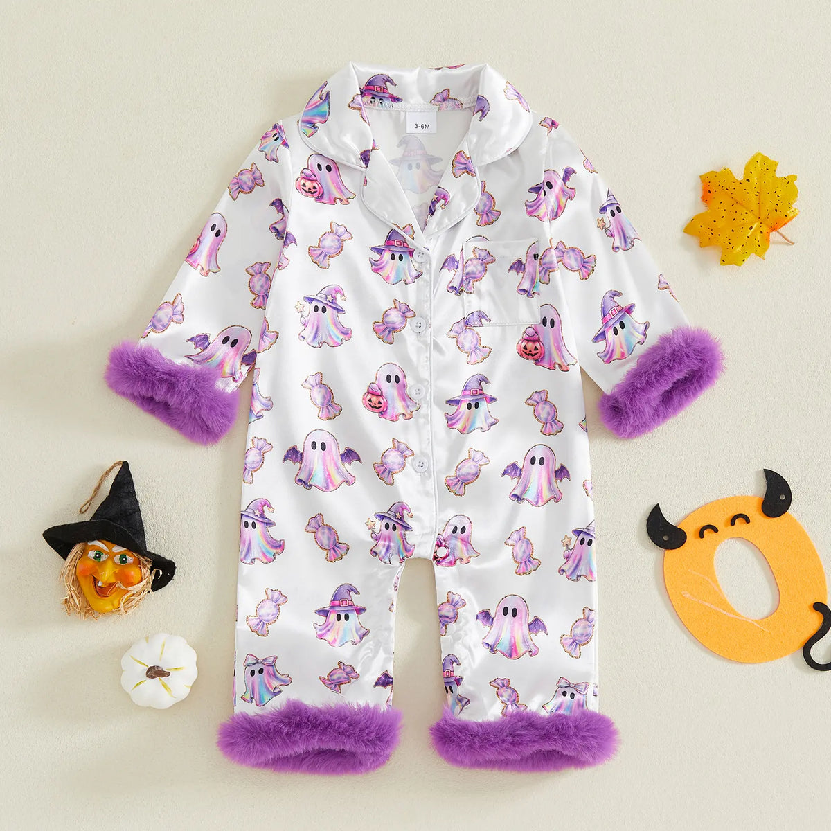 Toddler Halloween Pajamas Baby Girl Pajamas Ghost Print Feather Trim Sleeve Jumpsuit Romper Satin Nightgown Pjs Sleepwear