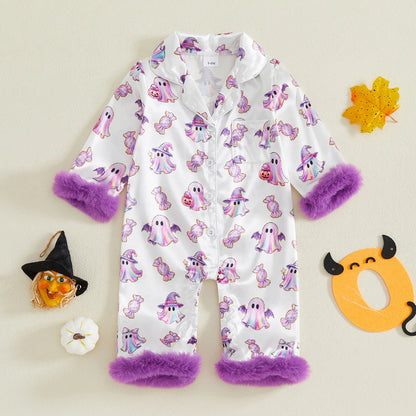 Toddler Halloween Pajamas Baby Girl Pajamas Ghost Print Feather Trim Sleeve Jumpsuit Romper Satin Nightgown Pjs Sleepwear