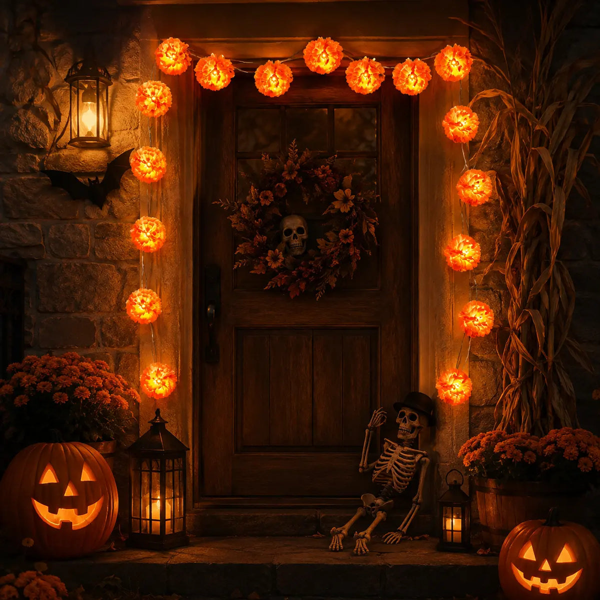3M Battery-Powered Mexican Marigold LED String Lights, 20 Flashing Orange Cempasuchil Garland, Great for Day of the Dead Altars, Fall Decor for Home, Porch & Table Decor