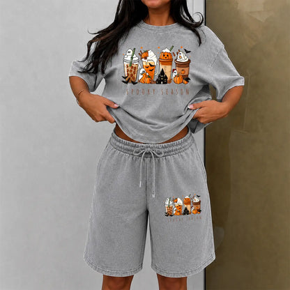 Women'S T-Shirt + Knee-Length Shorts Washed Cotton Shorts Two-Piece Set a Uniquely Styled Halloween Ghost-Themed Party Outfit. Featuring Dachshund in a Halloween Costume Patterns, and Pumpkin Designs. Also Suitable as Casual Summer Loungewear,Sohochic