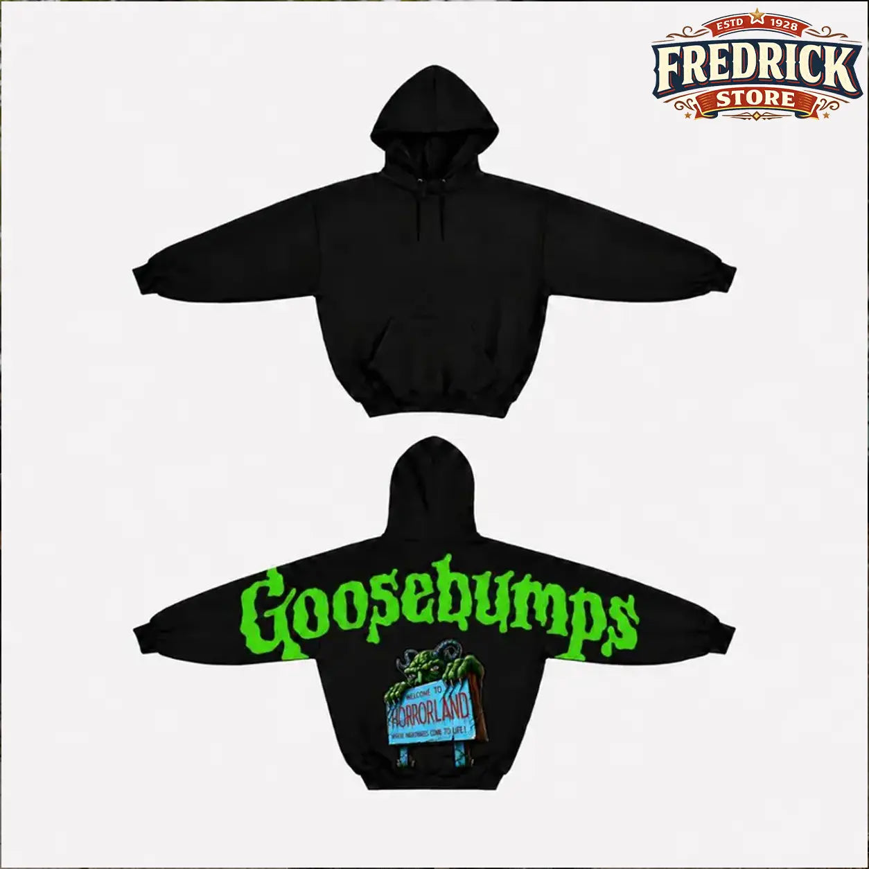 Retro Goosebumps Horrorland Shoulder-To-Shoulder Back Lettering Sweatshirt Hoodie, Retro Monster Back Print Gothic Streetwear, Spooky Season, Gift for Him and Her, Vibes