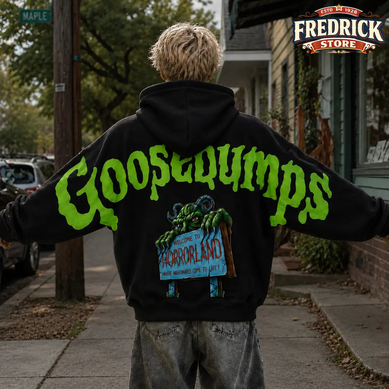 Retro Goosebumps Horrorland Shoulder-To-Shoulder Back Lettering Sweatshirt Hoodie, Retro Monster Back Print Gothic Streetwear, Spooky Season, Gift for Him and Her, Vibes