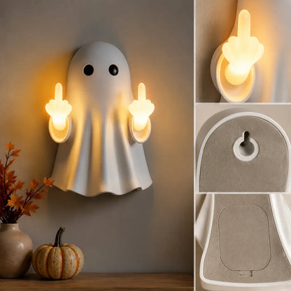 Ghost Wall Light, Cute Ghost Night Light with Middle Finger Gesture, Funny LED Wall Lamp for Bedroom Halloween Decor Home Office Gift