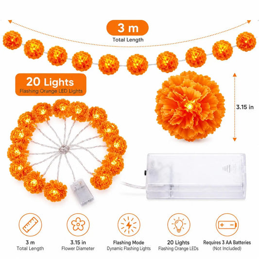 3M Battery-Powered Mexican Marigold LED String Lights, 20 Flashing Orange Cempasuchil Garland, Great for Day of the Dead Altars, Fall Decor for Home, Porch & Table Decor