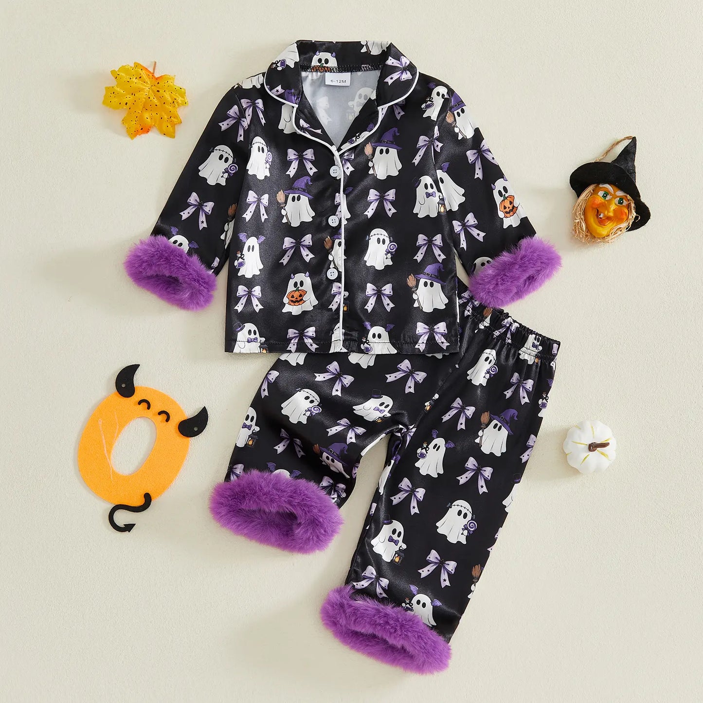 Toddler Halloween Pajamas Baby Girl Pajamas Ghost Print Feather Trim Sleeve Jumpsuit Romper Satin Nightgown Pjs Sleepwear
