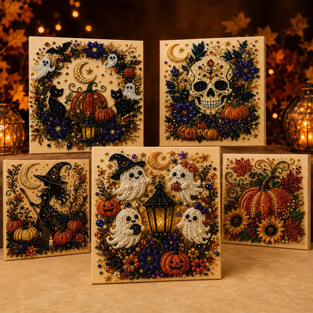 Halloween Diamond Painting Kits with Frame for Adults & Teens, 5D DIY Diamond Art Craft Kit with Full Drill Canvas and Tools, Pumpkin Ghost Witch Cat Halloween Wall Decor, Beginner-Friendly Gift, 8 X 8 Inch