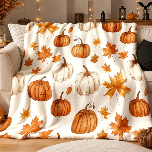 Watercolor Fall Pumpkin & Maple Leaf Flannel Blanket - Soft Cozy Warm Fuzzy Plush Throw, Perfect Holiday Gift for Women, Farmhouse Bedroom Sofa Couch Decor,Sohochic