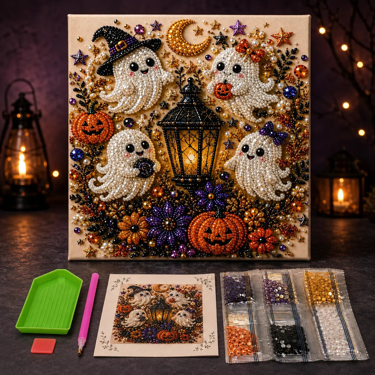Halloween Diamond Painting Kits with Frame for Adults & Teens, 5D DIY Diamond Art Craft Kit with Full Drill Canvas and Tools, Pumpkin Ghost Witch Cat Halloween Wall Decor, Beginner-Friendly Gift, 8 X 8 Inch