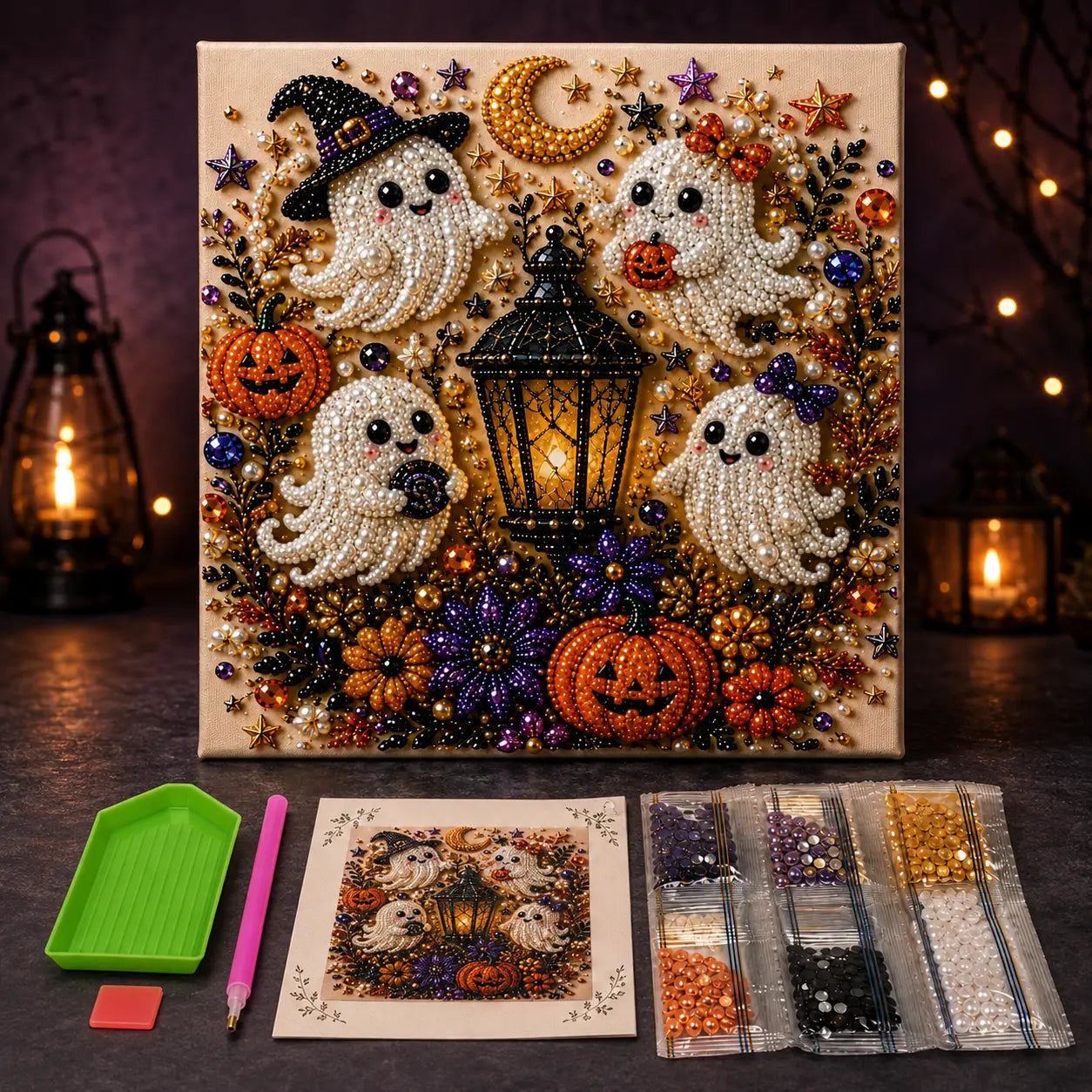 Halloween Diamond Painting Kits with Frame for Adults & Teens, 5D DIY Diamond Art Craft Kit with Full Drill Canvas and Tools, Pumpkin Ghost Witch Cat Halloween Wall Decor, Beginner-Friendly Gift, 8 X 8 Inch