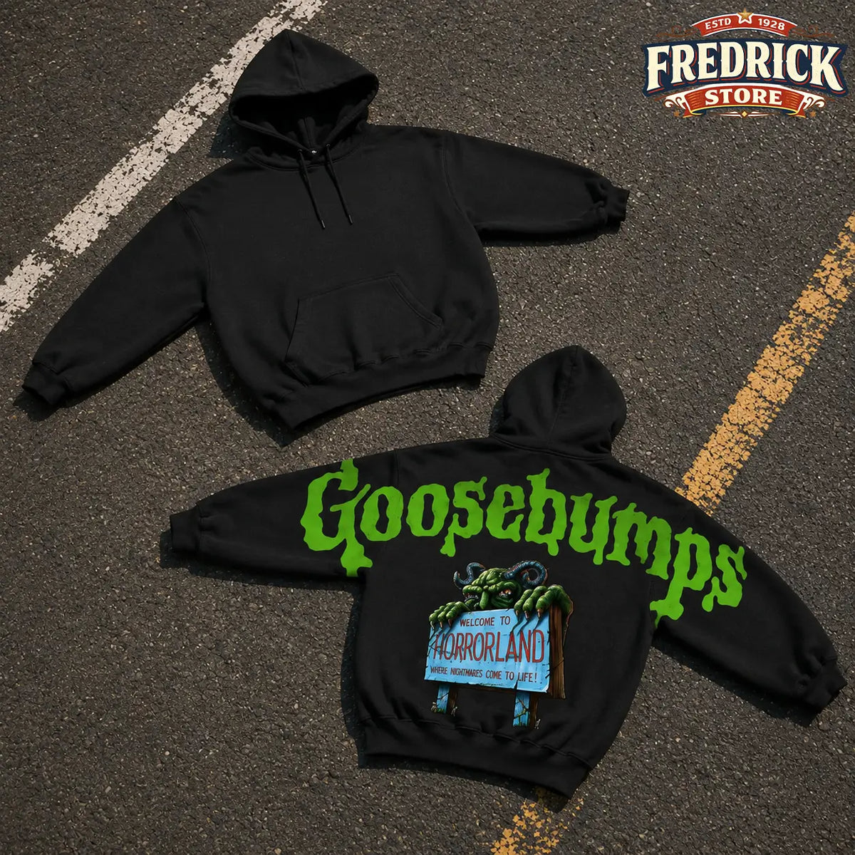 Retro Goosebumps Horrorland Shoulder-To-Shoulder Back Lettering Sweatshirt Hoodie, Retro Monster Back Print Gothic Streetwear, Spooky Season, Gift for Him and Her, Vibes