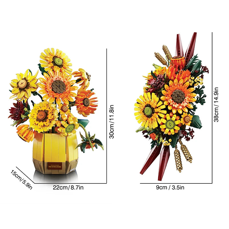 Van Gogh Sunflowers 1328Pcs Building Blocks with Vase, Art Building Toys, DIY Flower Bouquet Home Decor, Gift Ideas Women Girls