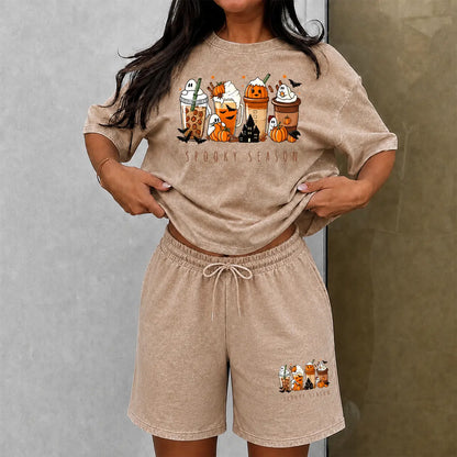 Women'S T-Shirt + Knee-Length Shorts Washed Cotton Shorts Two-Piece Set a Uniquely Styled Halloween Ghost-Themed Party Outfit. Featuring Dachshund in a Halloween Costume Patterns, and Pumpkin Designs. Also Suitable as Casual Summer Loungewear,Sohochic