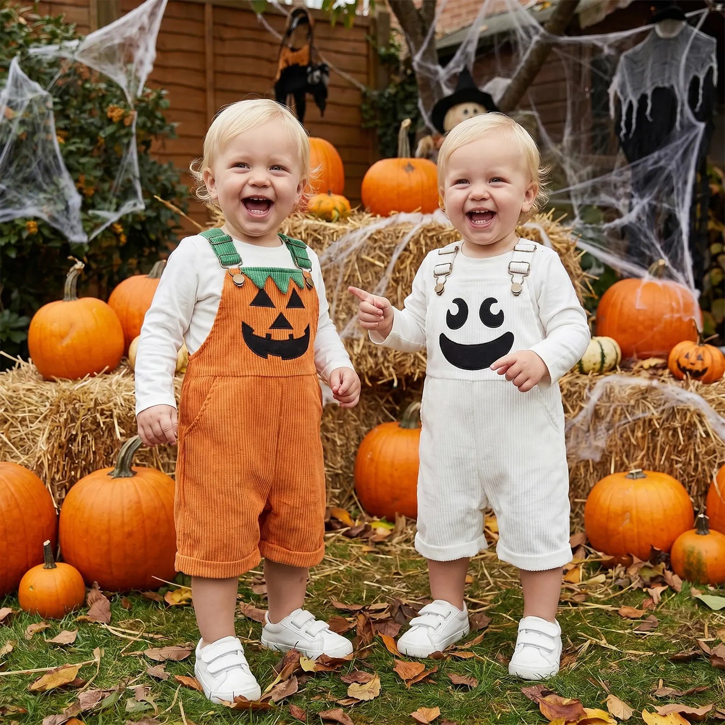 Toddler Corduroy Overalls with Suspenders, Pockets, 2 Ghost/Pumpkin Motifs - Soft Thick Wale, Boy Jumpsuit for Family Gathering, Kindergarten Party Costume