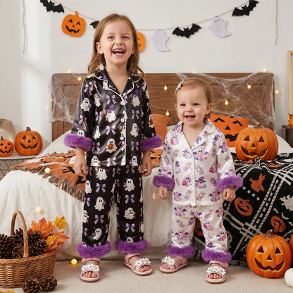 Toddler Halloween Pajamas Baby Girl Pajamas Ghost Print Feather Trim Sleeve Jumpsuit Romper Satin Nightgown Pjs Sleepwear