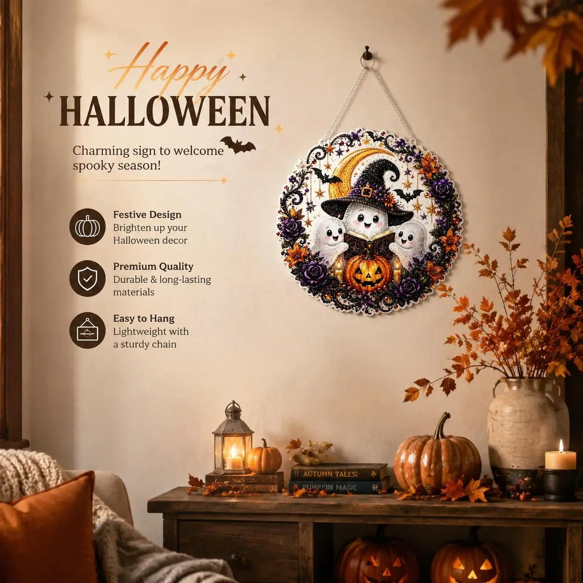 9.8In Shiny Halloween Diamond Art Kits Hanging Suncatcher Set, Witch-Black Cat-Ghost Reading-Pumpkin Designs, Acrylic DIY Rhinestone Ornament, Window Wall Decoration Gift for Kids
