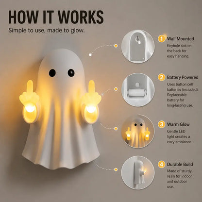 Ghost Wall Light, Cute Ghost Night Light with Middle Finger Gesture, Funny LED Wall Lamp for Bedroom Halloween Decor Home Office Gift