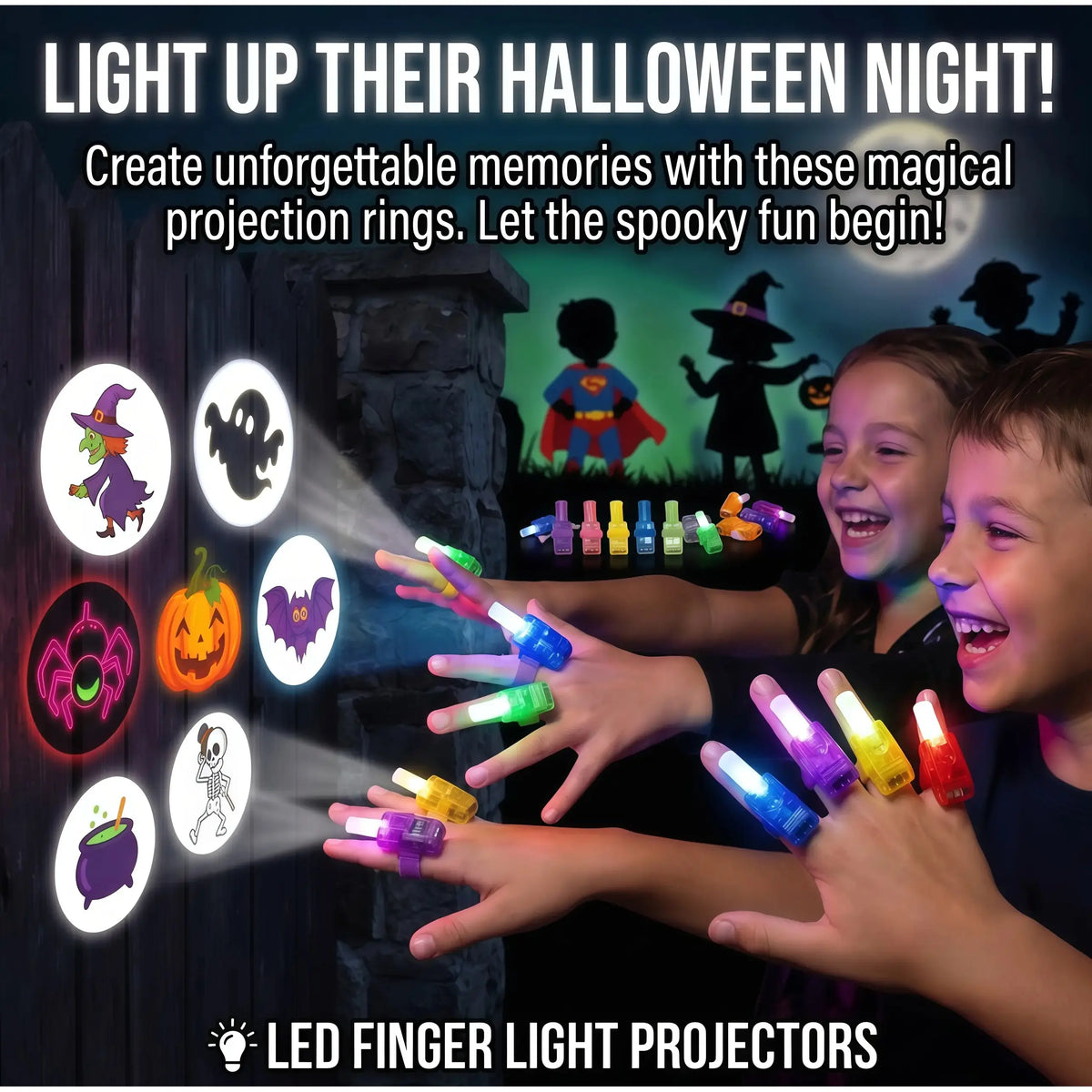 48Pc Halloween Gift Must-Have, Spooky LED Projection Glow Finger Ring Lights, Non-Candy Kids Gift, Unisex All Ages, for Halloween Trick-Or-Treat, Cosplay, Themed Party & Night Decor