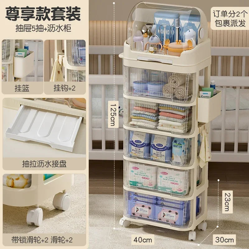 Baby Product Storage Rackmobile Stroller Organizerbottle and Tableware Drainage Boxdustproof Storage Cabinet for Baby Essentials